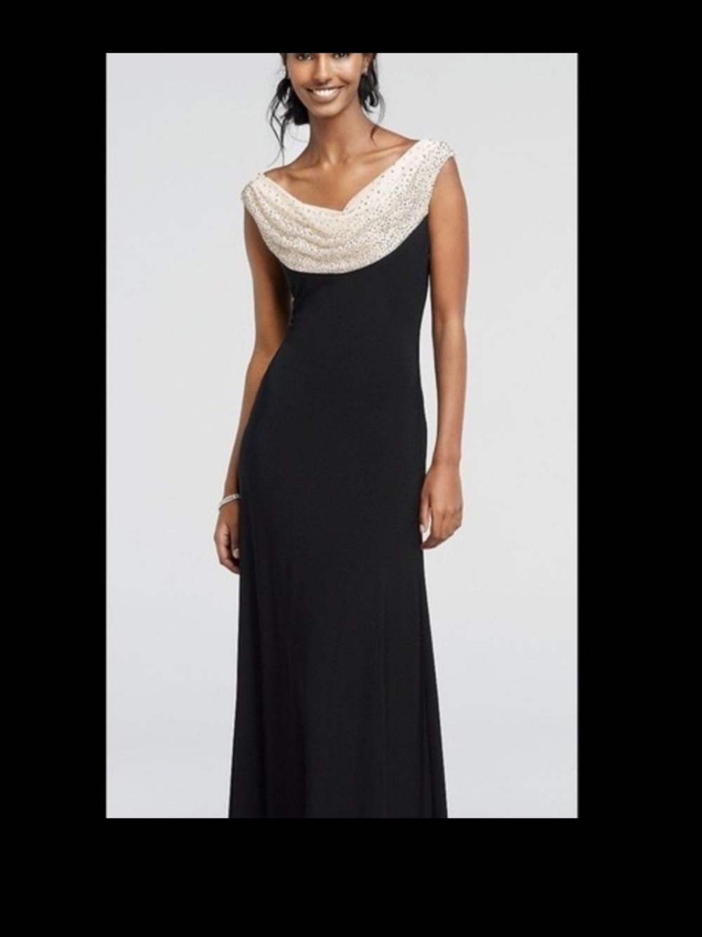 Cache Black Maxi Dress with Beaded Ivory Draped Neckline